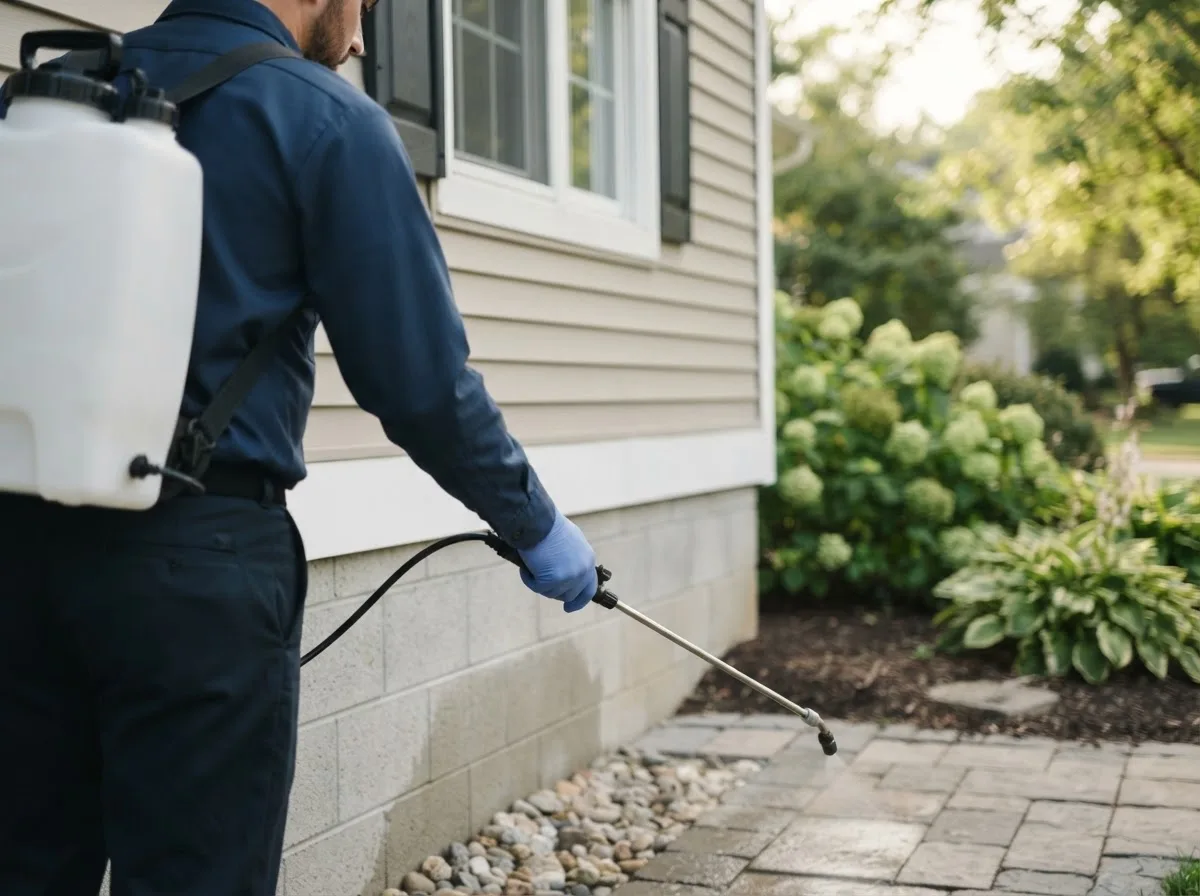 Pest control technician inspecting a home in Kinston, AL